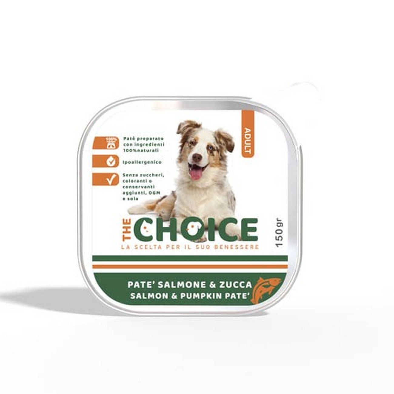 the_choice__cane__adult_dog_pate__the_choice_adult_dog_pate_salmone_vaschetta_150_g The Choice Cane Paté Salmone e zucca 150 g - immagine 1